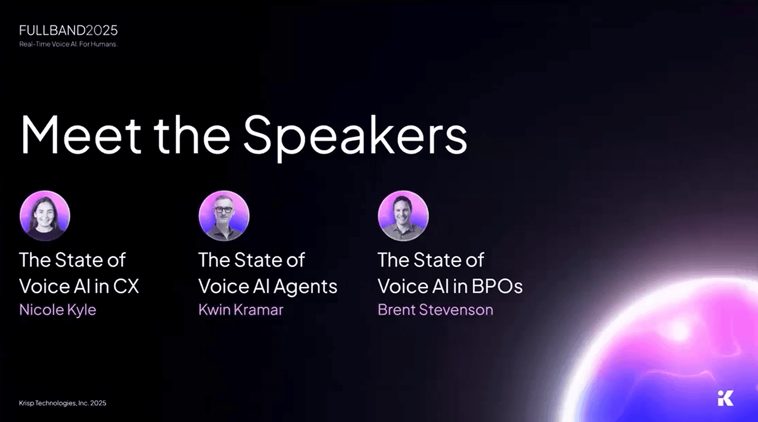 FULLBAND speaker slide — keynote deck with circular event branding and typography matching Krisp brand
